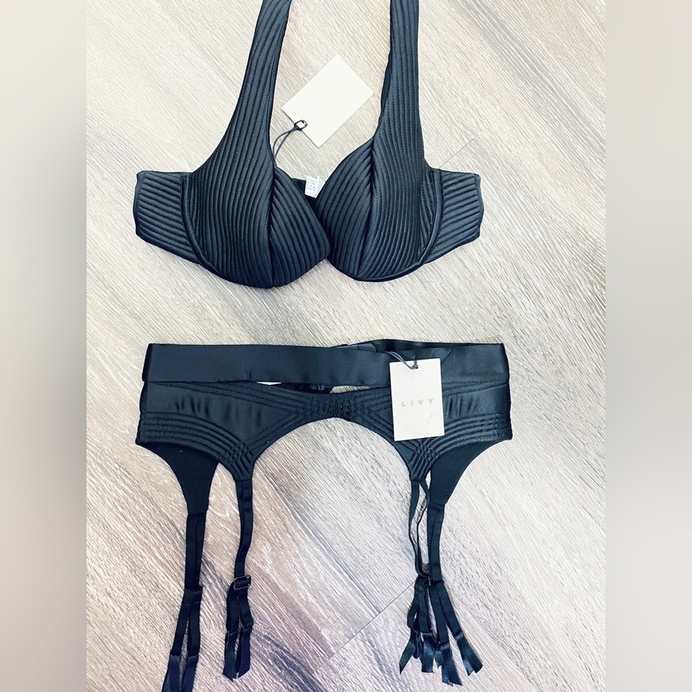 NWT Luxury Black LIVY Bra and Garter Set